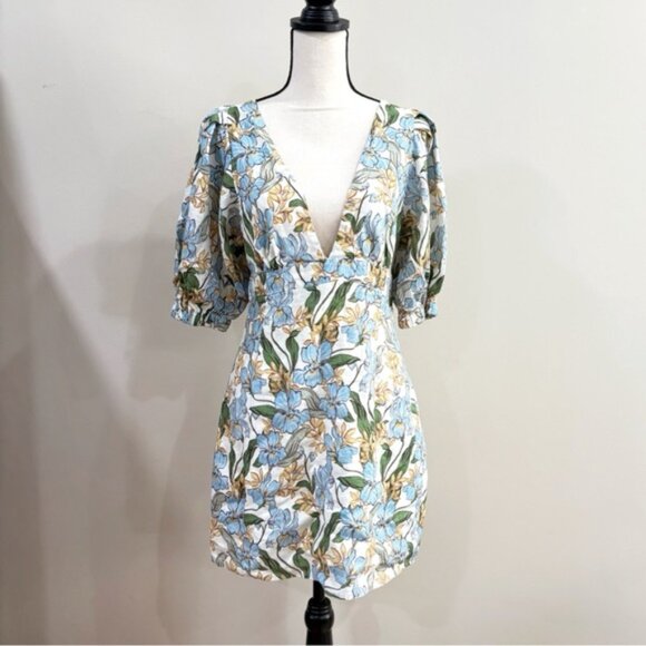 Amalie the Label x Showpo Linen Mini Dress Size 10 Floral Puff Sleeve Open Back - Picture 1 of 9